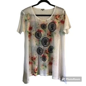 Ovs XL Italian Italy Short Sleeve Blouse Shirt Flair Bottom Roman Medallions